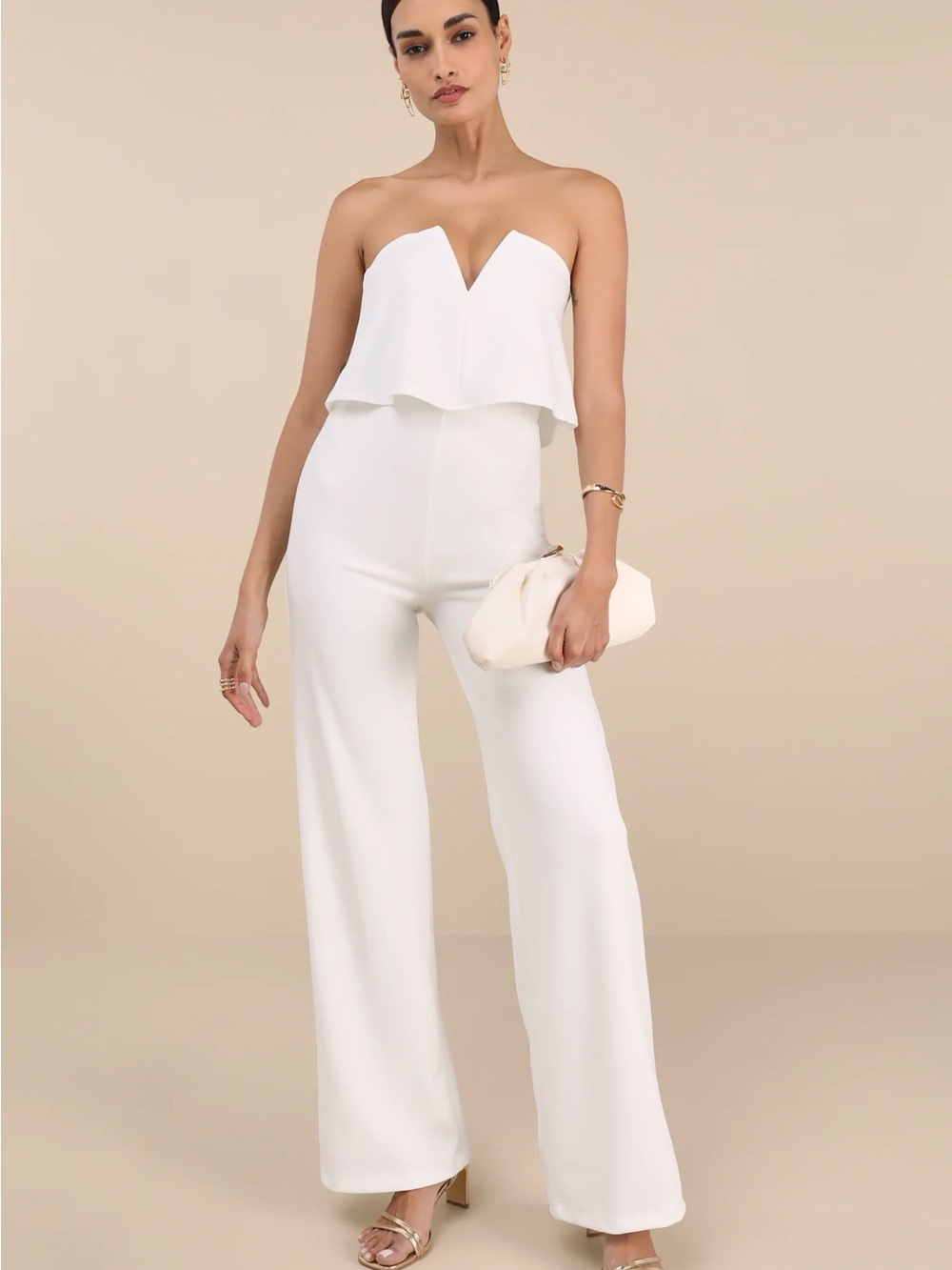 Lulu's White Strapless Wide-Leg Jumpsuit
